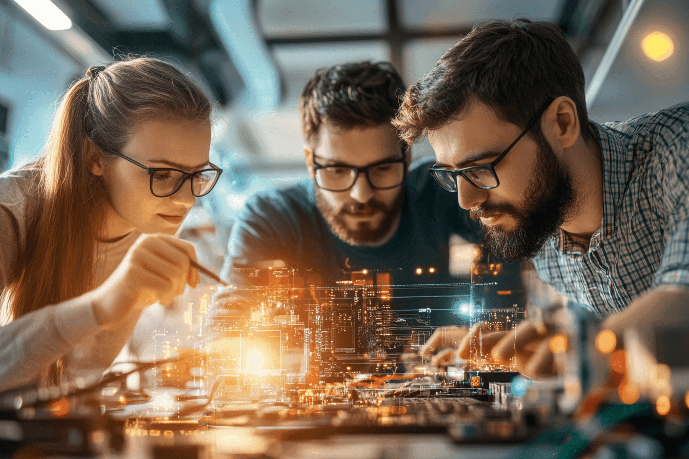 Three people looking at a glowing circuit board on a table