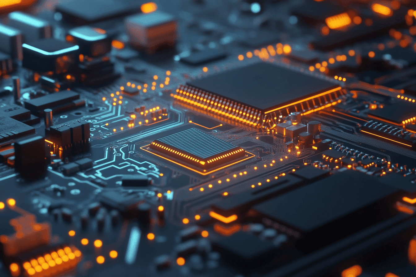 Close-up of a glowing computer chip on a circuit board